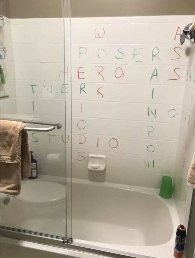 Visually pleasing moments you didnt expect - #16 My Wife and I Play Shower Scrabble Using Bath Crayons on the Tile