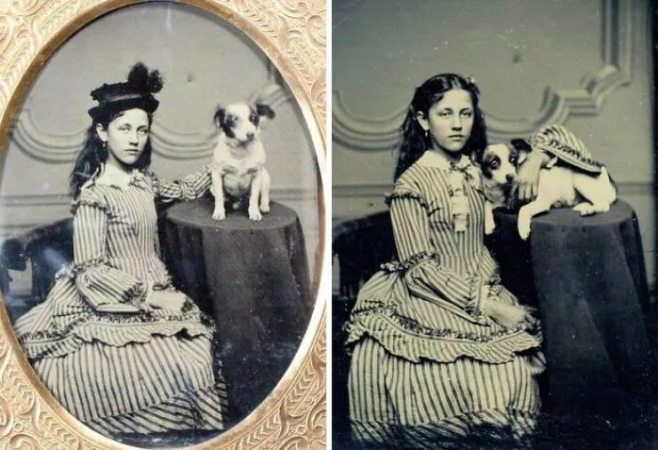 Echoes of history captured in timeless photos - #24 1850s Daguerreotype: Girl Posing Twice With Her Dog — The Second Shot Shows Her Holding It Calmly After It Shook From Nerves