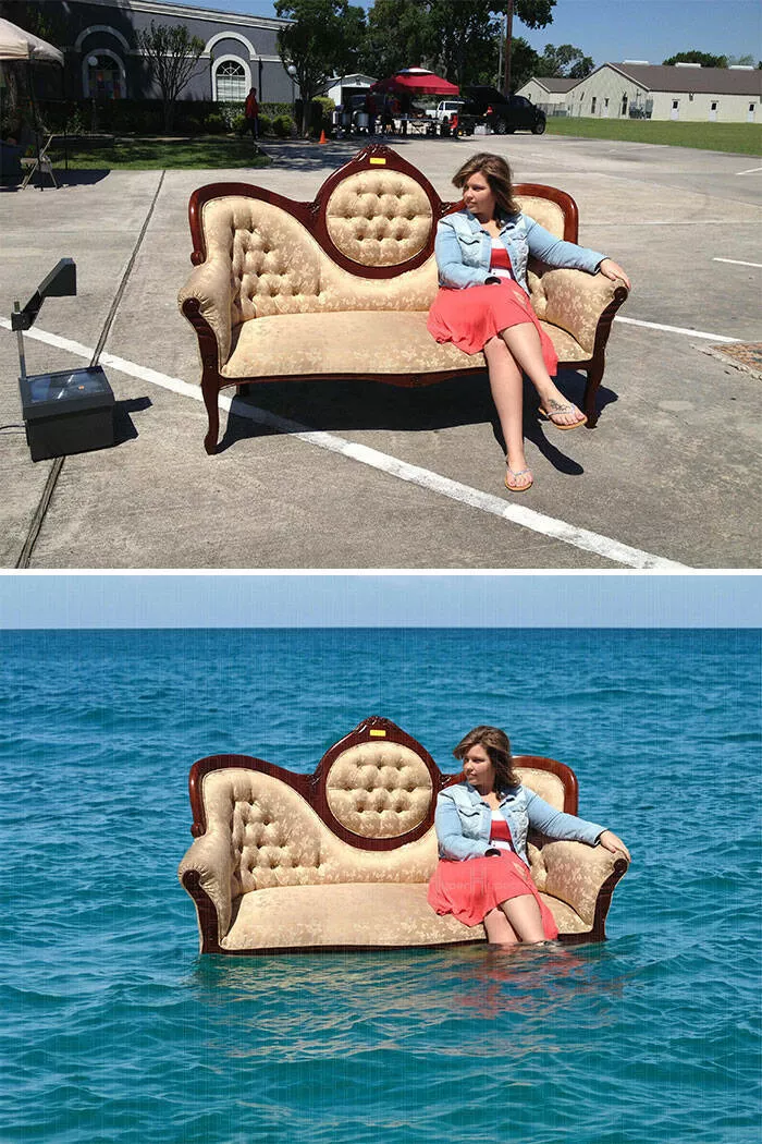 Quand des gens ont demande des retouches photo et ont eu des resultats hilarants - #11 Vous pouvez mettre le canapé et la personne dans une scène de plage ou au milieu de l’océan ?