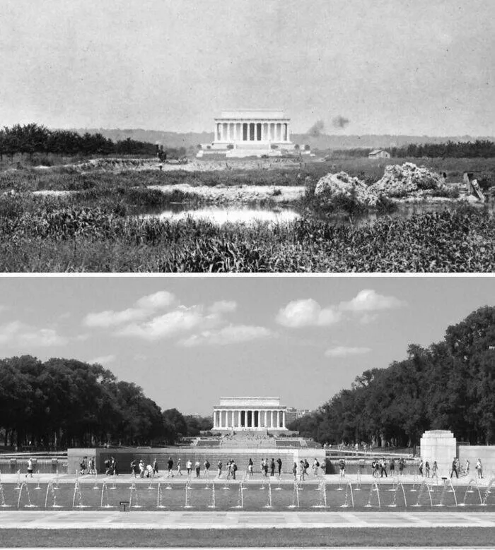 Extraordinary images showing the world from a new perspective - #36 Lincoln Memorial With And Without Its Reflecting Pool