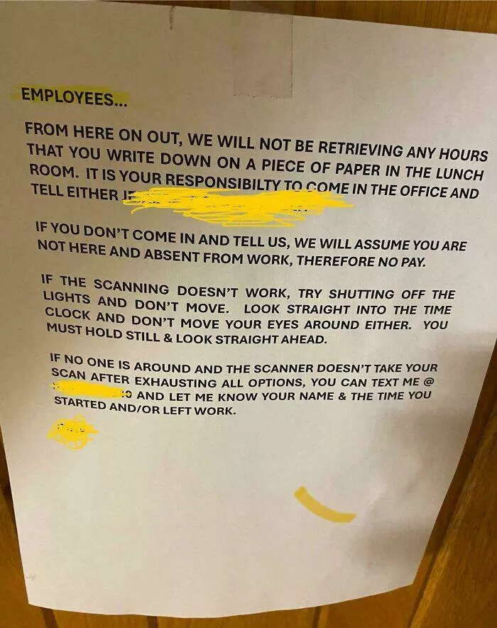 Toxic workplaces exposed through unbelievable photos - #35 New Face Scan Clock Fails For Half The Team—And The Memo’s Dubious