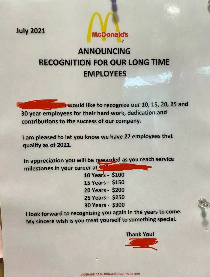 Toxic workplaces exposed through unbelievable photos - #41 30 Years At McDonald’s Gets You $300—Seriously