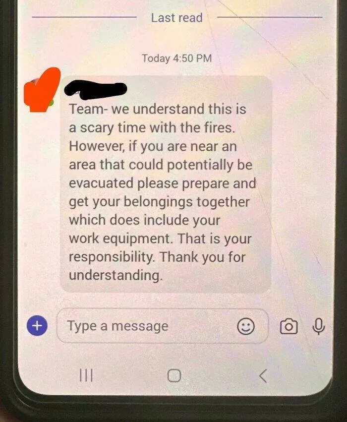 Toxic workplaces exposed through unbelievable photos - #44 Evacuated From LA Fires—Manager Asked If I Took My Work Laptop