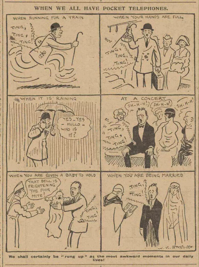 Moments vintage qui ont tres mal vieilli - #1 Caricature vintage imaginant un téléphone de poche – en 1919