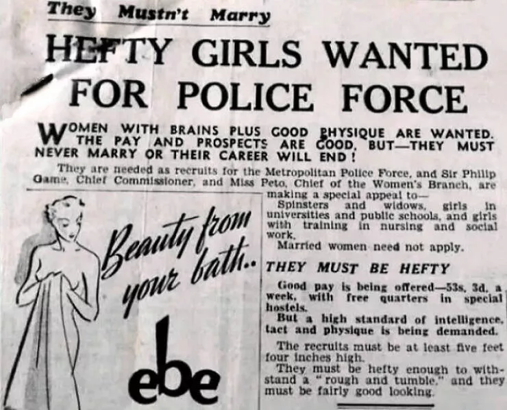 Moments vintage qui ont tres mal vieilli - #20 Offre d’emploi police Londres 1930 : femmes costaudes et jolies recherchées