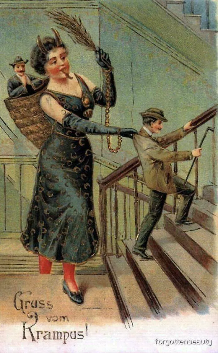 Old school moments that didnt age well - #23 Vintage German Postcard Depicts Female Krampus Punishing Bad Men