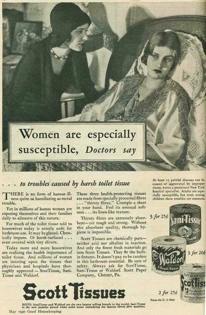 Old school moments that didnt age well - #32 1930 Scott Ad Claims Women Hurt By Harsh Toilet Tissue