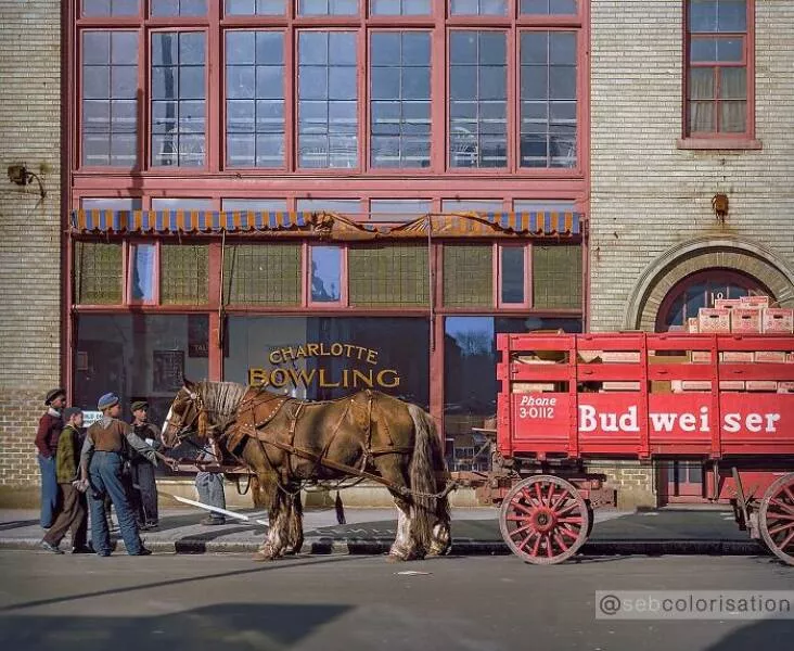 History brought back to life in vivid color - #10 Beer Delivery Truck Outside Bowling Alley In Charlotte, NC, 1943