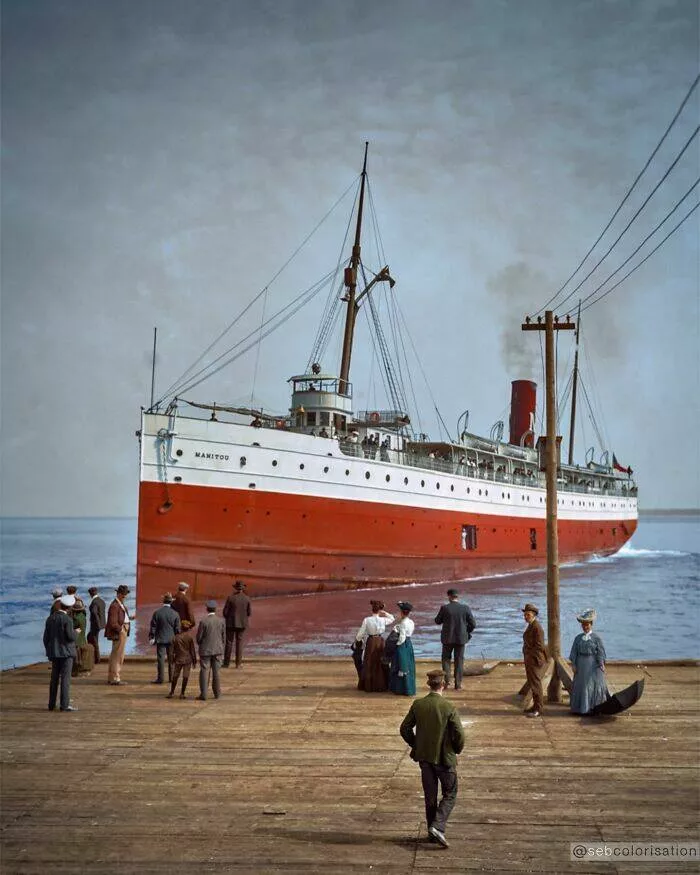 History brought back to life in vivid color - #31 Steamer Manitou Docks At Mackinac Island, Michigan, 1905 History brought back to life in vivid color - #31 Steamer Manitou Docks At Mackinac Island, Michigan, 1905