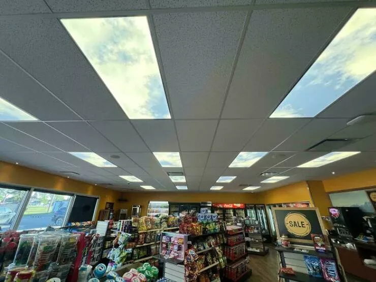 Intriguing photos with amazing stories - #18 Fluorescent Lights Covered with Sky-Themed Diffusers in Mini-Mart