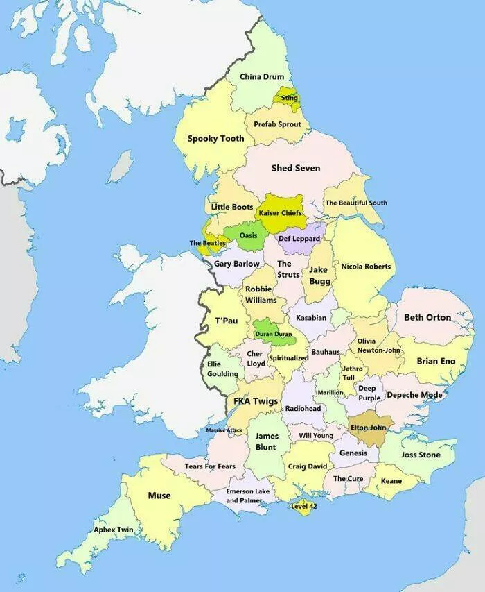 Ridiculously useless maps youll love anyway - #18 UK’s Best-Selling Musicians by County Mapped Out