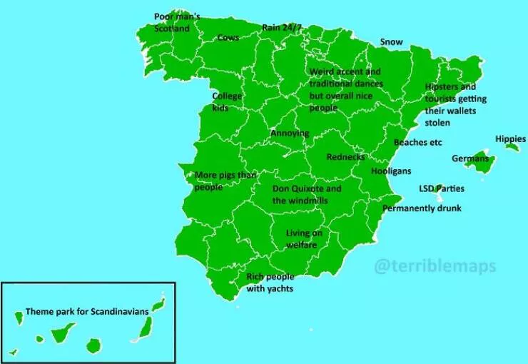 Ridiculously useless maps youll love anyway - #30 Spain Seen Through Regional Stereotypes Mapped Ridiculously useless maps youll love anyway - #30 Spain Seen Through Regional Stereotypes Mapped