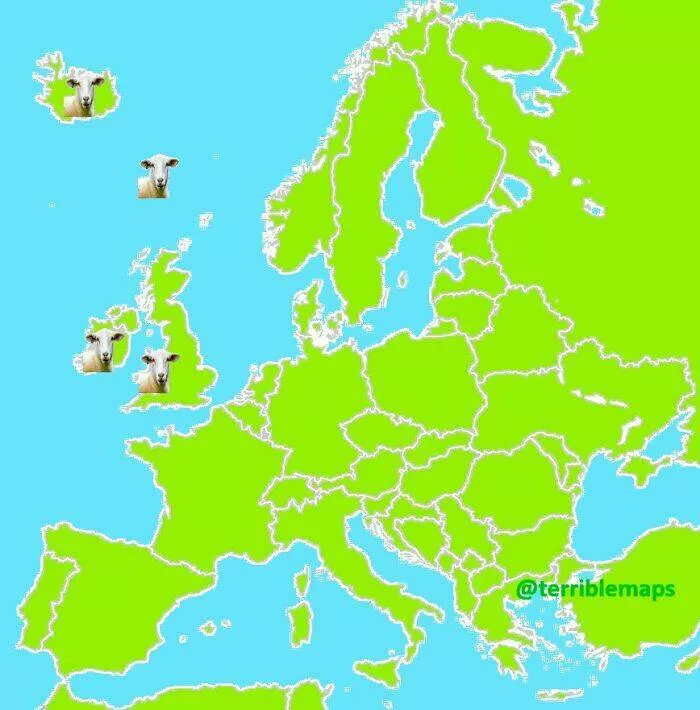 Cartes hilarantes et totalement inutiles - #33 Endroits En Europe Avec Plus De Moutons Que D’Humains Cartes hilarantes et totalement inutiles - #33 Endroits En Europe Avec Plus De Moutons Que D’Humains