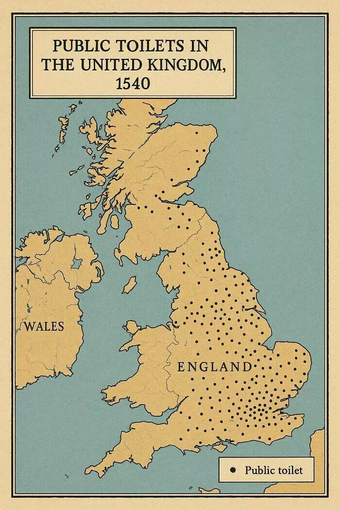 Ridiculously useless maps youll love anyway - #43 Distribution Of Public Toilets In England In 1540 Ridiculously useless maps youll love anyway - #43 Distribution Of Public Toilets In England In 1540