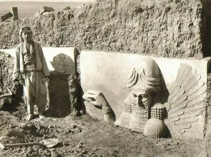 Timeless beauty architecture that echoes the past - #36 Vintage Excavation Photo of Assyrian Lamassu in Dur-Sharrukin (Khorsabad)
