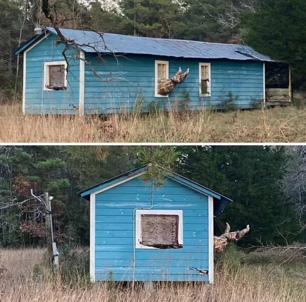 Creepy discoveries found deep in the woods - #47 Saw an Abandoned House Off the Texas Highway with Something Sticking Out of the Window — It Looks Like It Spans the Entire House — No Idea What It Is