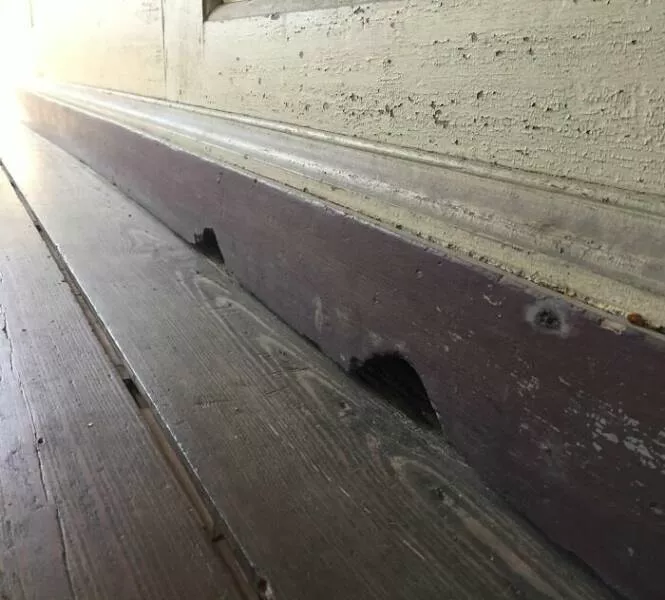 Unusual finds unearthed inside forgotten houses - #17 Check out these cartoon-style mouse holes gnawed into the baseboards of a house built in 1741—straight out of Tom & Jerry!