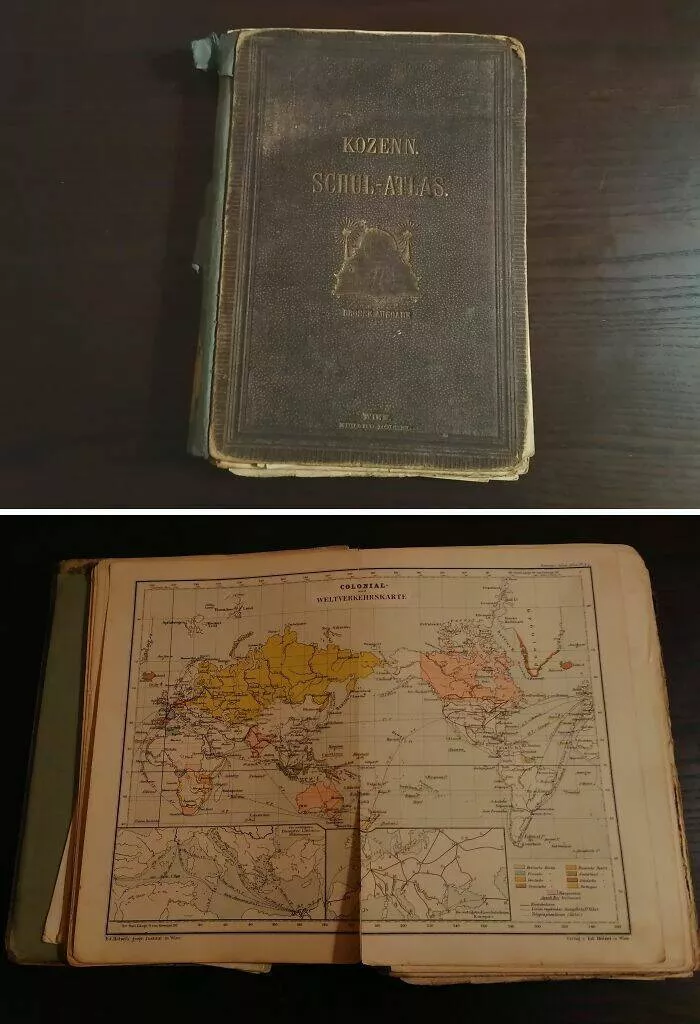 Unusual finds unearthed inside forgotten houses - #18 Found a beautifully aged world atlas from 125 years ago tucked away in Grandma and Grandpa’s basement.