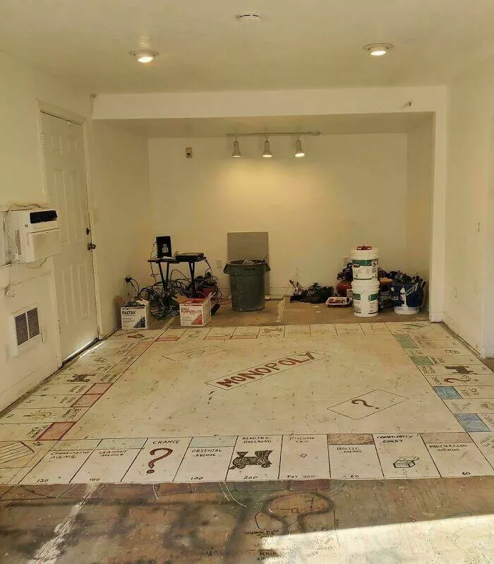 Unusual finds unearthed inside forgotten houses - #37 My in-laws ripped out the carpet and found a massive painted Monopoly board hidden underneath!