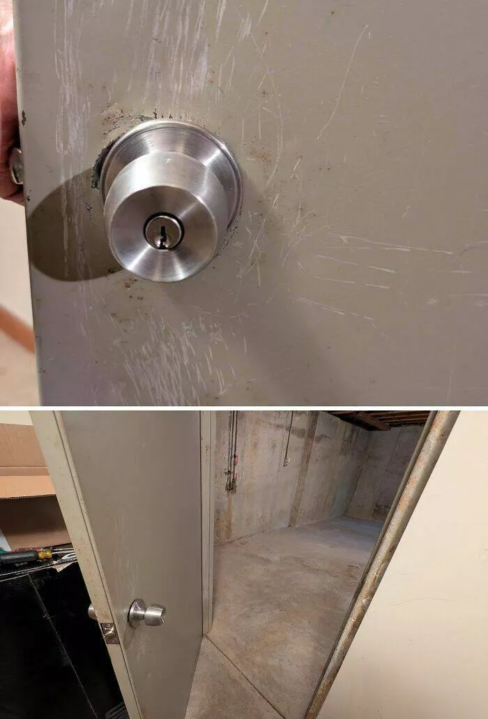 Unusual finds unearthed inside forgotten houses - #46 Pretty sure someone was locked in the basement once. The markings... the door... unsettling.