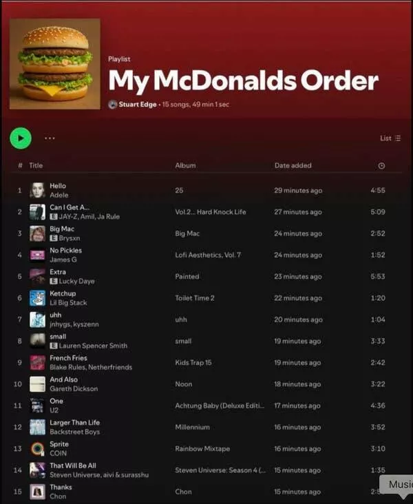 When madness meets masterful vision - #38 McDonald’s order delivered via Spotify playlist titled “Feed Me”