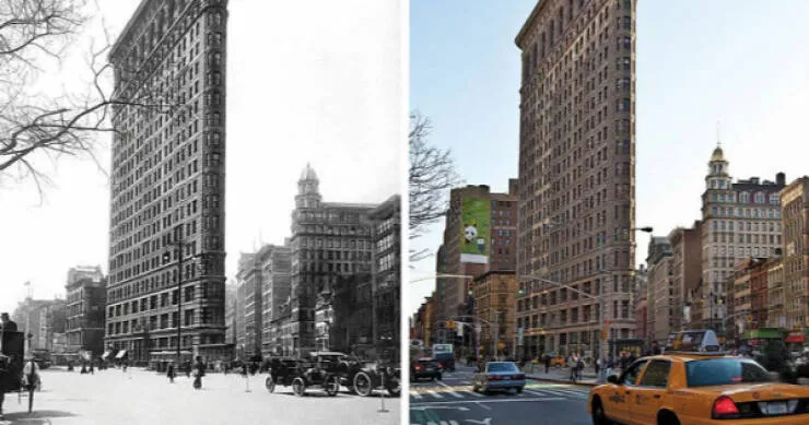 Avant et apres quand le temps transforme tout - #25 Bâtiment Flatiron à New York, 1917, élégance d’antan, contre 2012, cœur urbain moderne