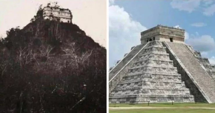 Avant et apres quand le temps transforme tout - #3 Chichén Itzá en 1892, caché par la jungle, aujourd’hui en lumière