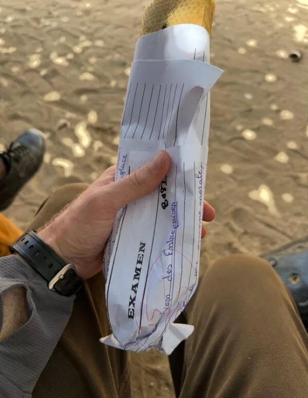 Awesome photos that stop you mid scroll - #22 Baguette wrapped in someone’s failed exam paper—crispy irony
