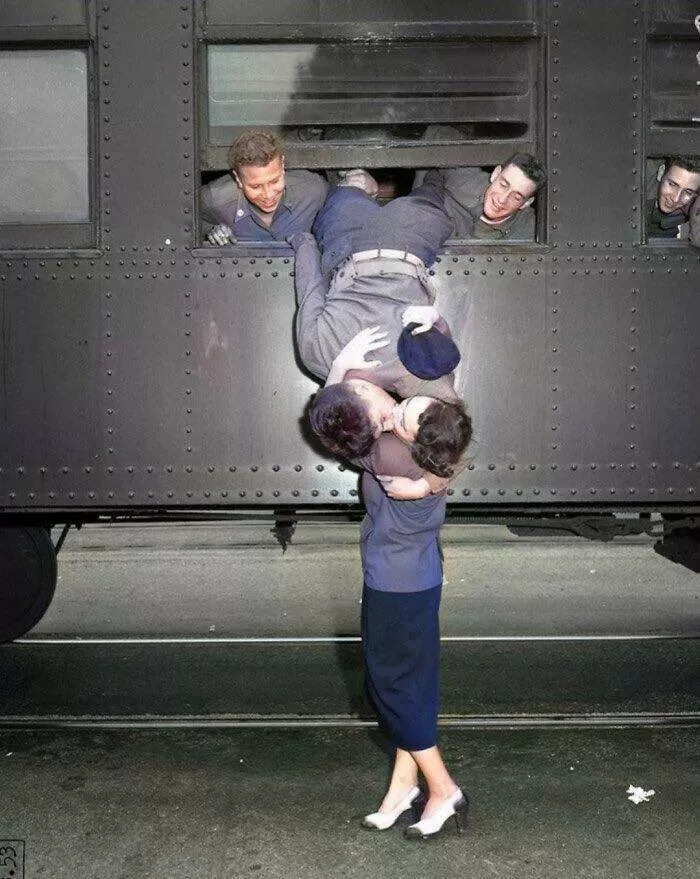 Timeless moments ordinary days in the 50s - #13 Last Kiss Before Korean War. 1950 Colorized