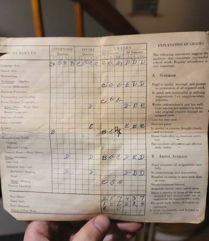 Timeless moments ordinary days in the 50s - #21 When Ripping Out My Ceiling Drywall I Found A Report Card From 1957 A Kid Must Have Hid Up There. Someone Failed The 8th Grade